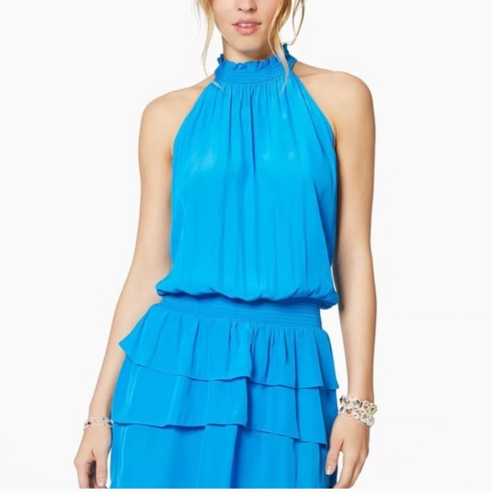🧵Ramy Brook Perla Halter Neck Tiered Mini Dress Blue Size S/M Women's